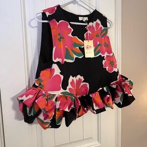 Entro Floral Ruffle Hem Top - Black and Pink